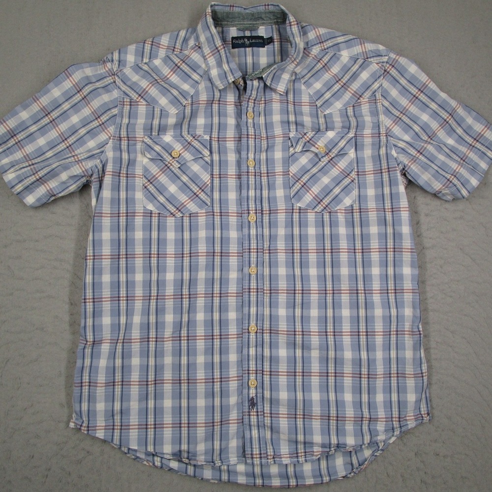 Vintage Ralph Lauren Men XL Blue Plaid Short Sleeve Western Button Up Shirt Pony